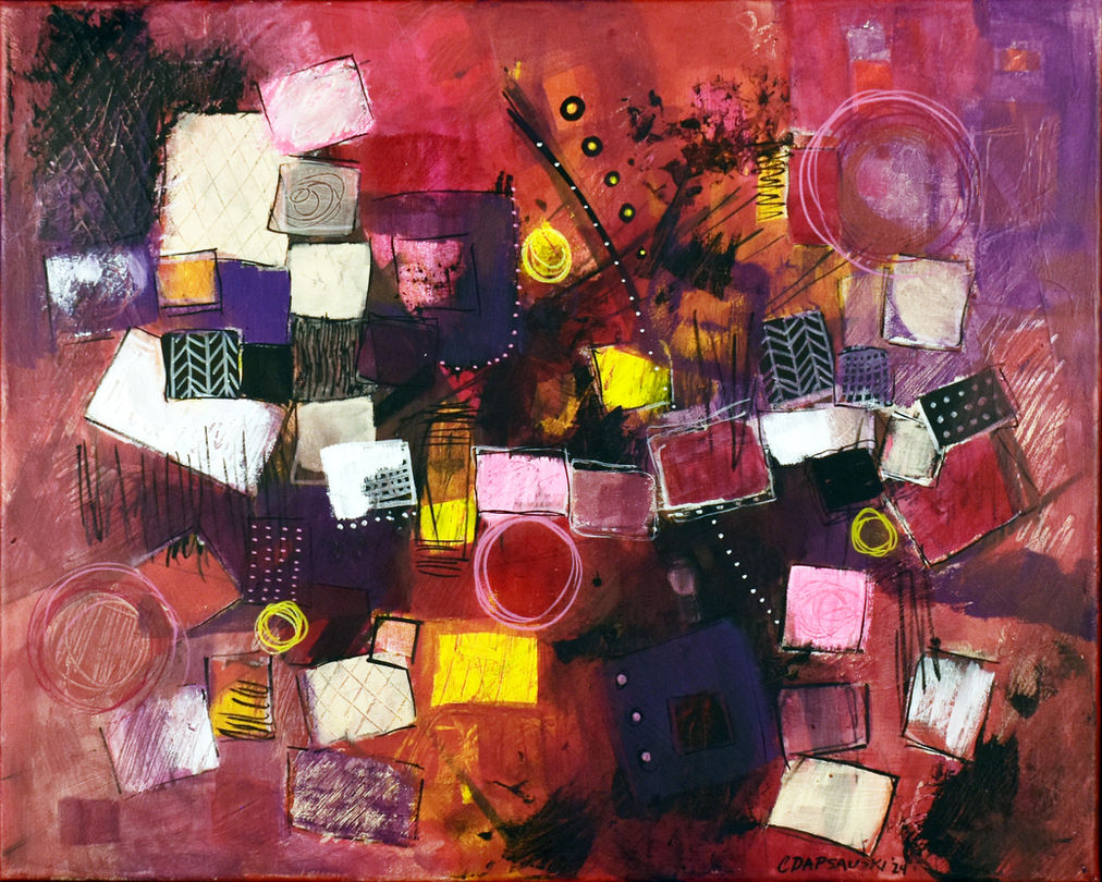 Abstract with geometric shapes, textures and scribble marks on reds and pinks