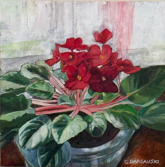 red blossoms on african violet plant painting artwork illustration