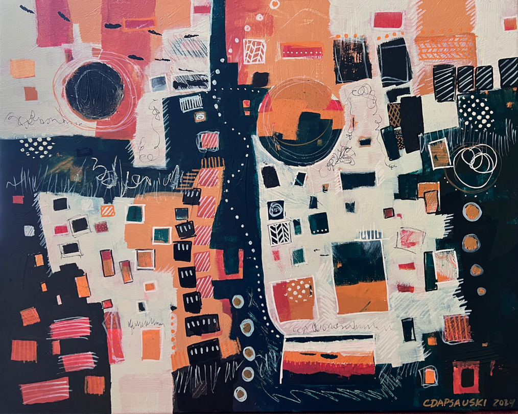 Abstract image in oranges and deep green using geometric shapes and edges to form a landscape.