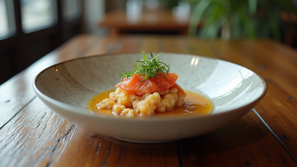 Eye-level view of elegant seafood dish on rustic wooden table