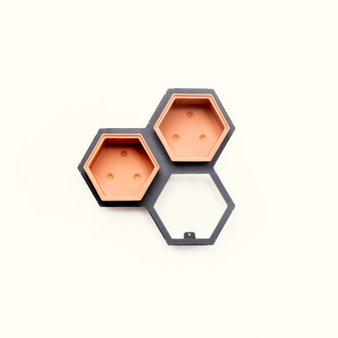 Horticus small living wall kit for vertical gardens with 2 terracotta hexagonal wall planters and 1 black steel frame.