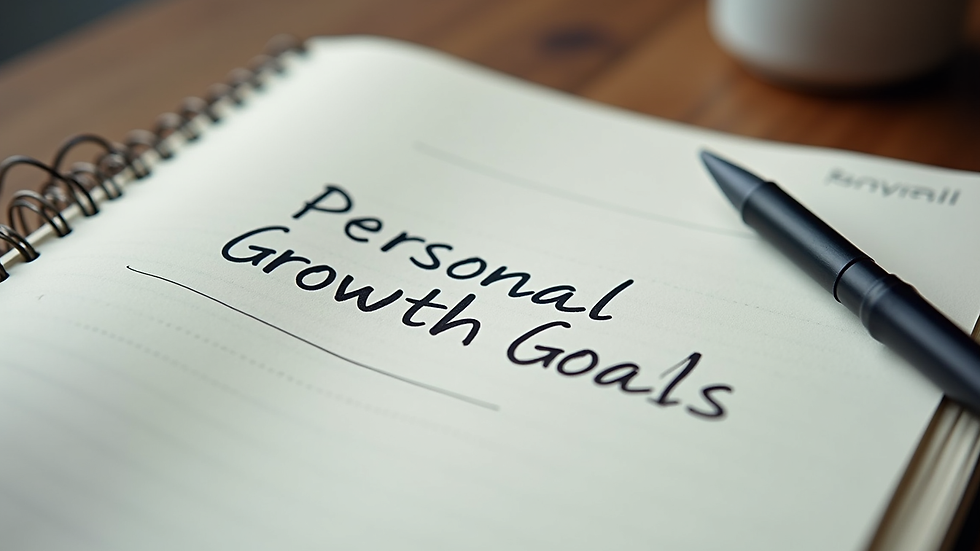 Close-up view of a journal with handwritten personal growth goals and a pen