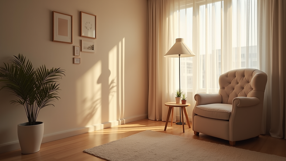 Eye-level view of a cozy therapy room with a comfortable chair and soft lighting