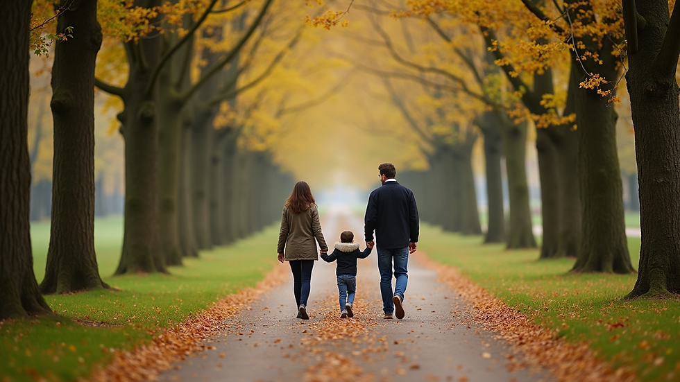 Wide angle view of a family walking hand-in-hand along a tree-lined path