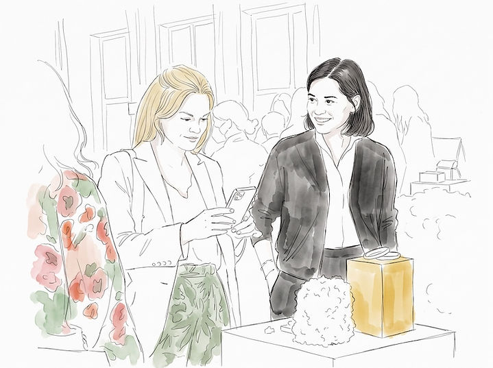 Illustration: Zwei Gäste bei einem Markenevent, einer hält ein Smartphone neben einer Geschenkbox