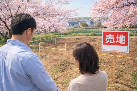 春の分譲地で土地を確認する夫婦 家づくりを検討する様子(小田原エリア)