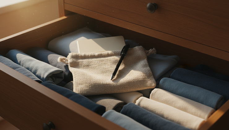 Wide-angle view of a small notebook stored inside a fabric pouch in a dresser drawer
