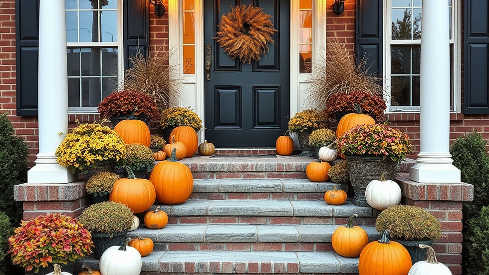 PUMPKIN DISPLAY VARIOUS SIZES ON PORCH. ELEGANT AND STYLISH ON BRICK HOUSE PORCH WITH PUMP