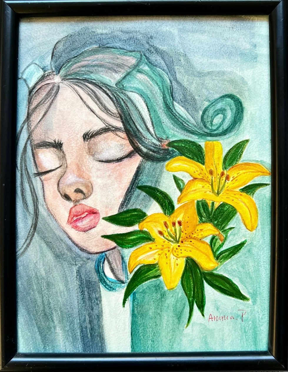gouache AmmaP Water painting about women beauty with lily flower