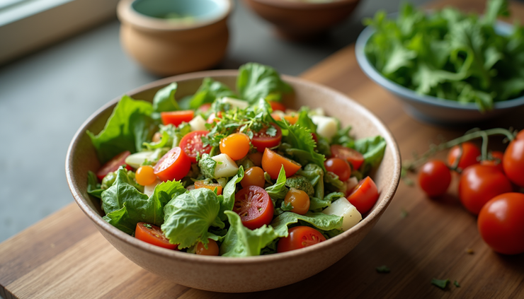 Eye-level view of a colorful homemade salad bowl with fresh vegetables