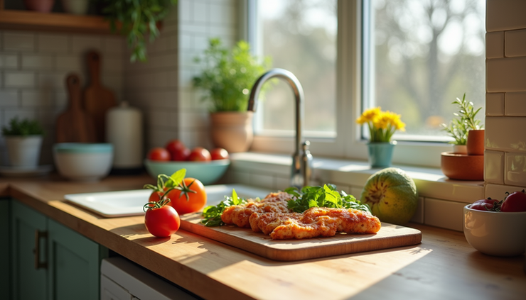 High angle view of a kitchen counter with freshly prepared healthy meals