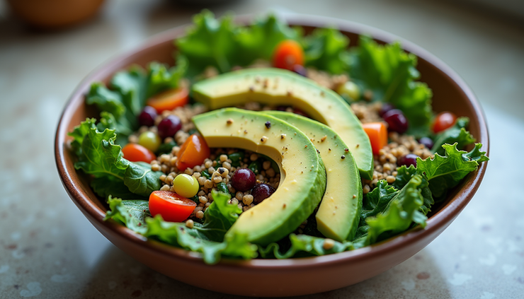 Eye-level view of a colorful salad bowl with kale, avocado, and quinoa