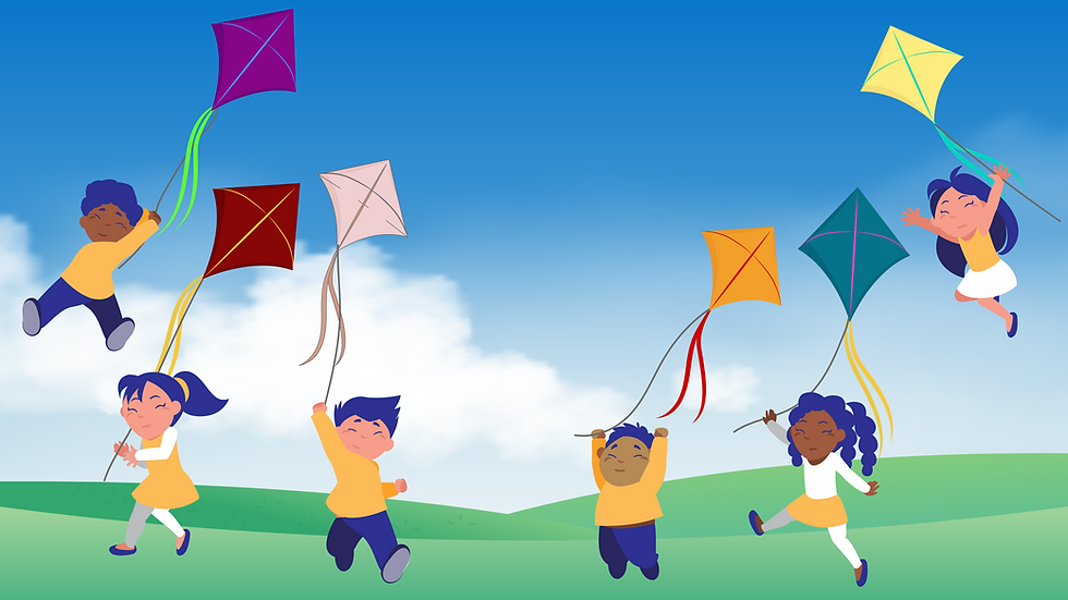 cartoon children playing with flying kites, blue sky with clouds and green grass
