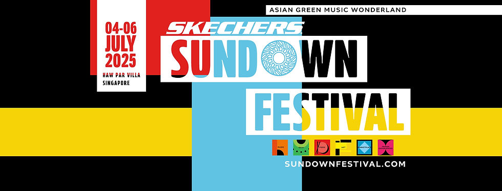 Colorful Sundown Festival banner with text for 04-06 July 2025 in Singapore. Features bold reds, blues, yellows, and event icons.
