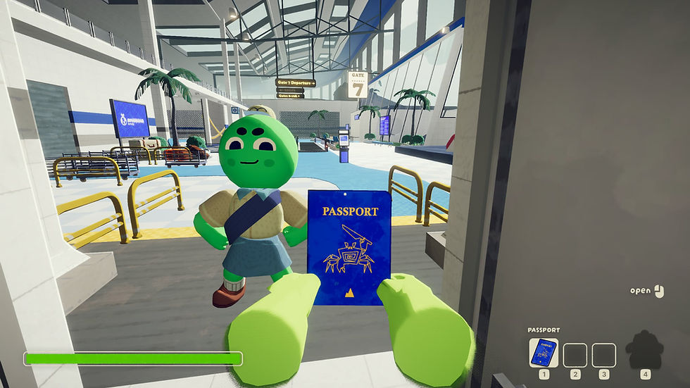 Green character holds a passport in a bright, futuristic airport. Signs for Gate 7 visible. Modern, playful atmosphere with palm trees.