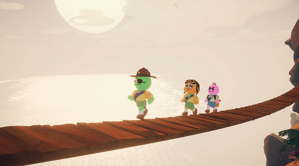 Three cartoon characters walk across a wooden bridge in a sunlit setting. One wears a hat and eyepatch, another has goggles, the third looks stern.
