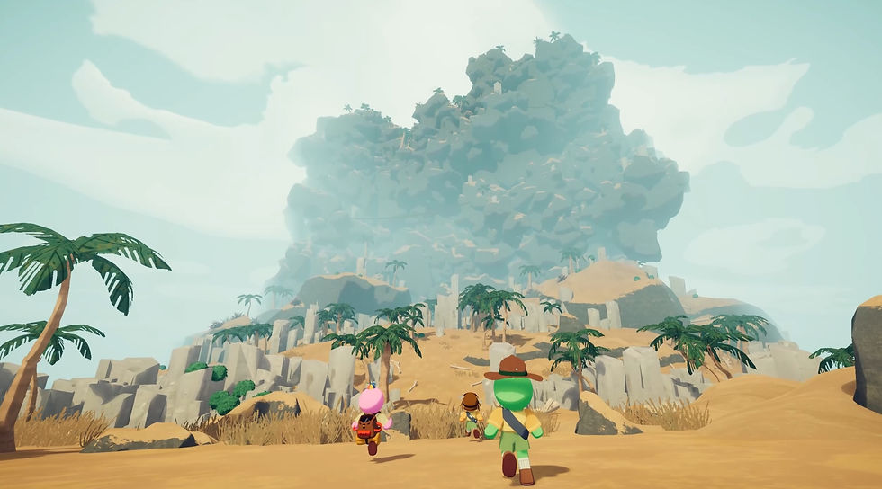 Three animated explorers in colorful outfits run towards a misty mountain, surrounded by palm trees on sandy terrain under a bright sky.
