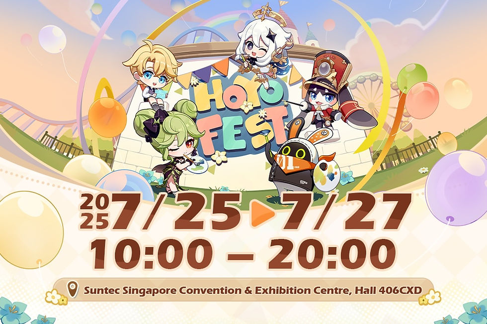 Cute characters around "HoYo FEST" sign, with balloons and a Ferris wheel in the background. Event details: 7/25-7/27, 10:00-20:00, Singapore.