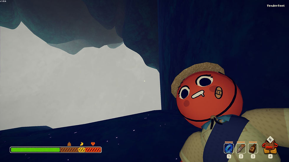 A red cartoon face with a straw hat and band-aid lies on a dark cave floor. HUD elements and "Tenderfoot" text are visible.