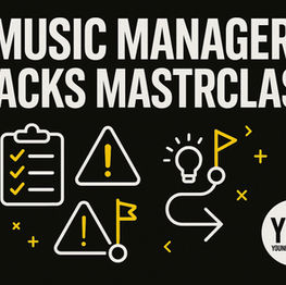 Sleek masterclass cover design featuring concert stage illustrations, touring route graphics, and music industry networking elements with modern typography and hot pink and yellow brand accents on white background.