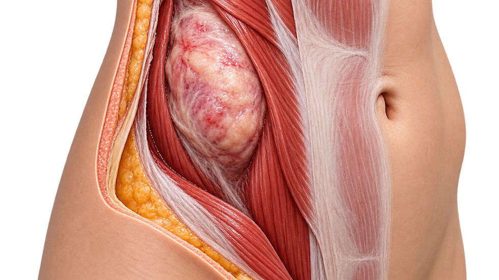 Ilustração de tumor desmoide na parede abdominal, mostrando sua relação com a musculatura abdominal.