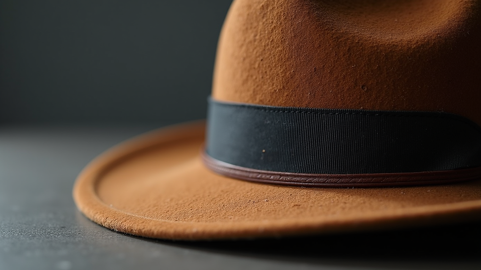 Close-up view of a wool fedora hat with a leather band