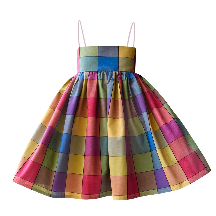 Rainbow Plaid Moire Puff Dress
