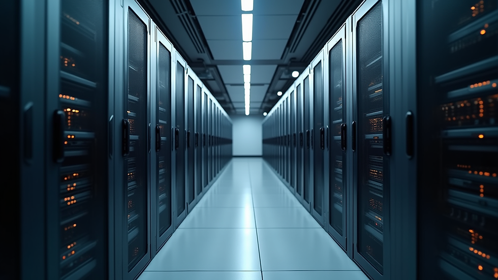 Eye-level view of a modern office server room with network equipment