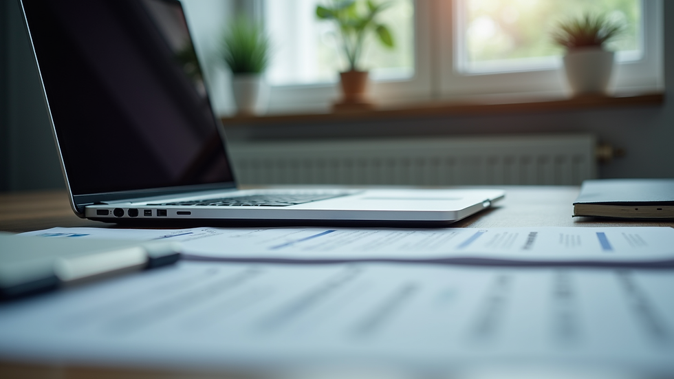 Eye-level view of office desk with laptop and documents about data protection