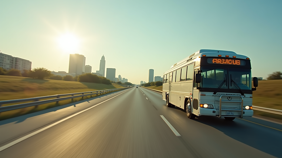 Wide angle view of a shuttle bus driving on a highway towards Galveston