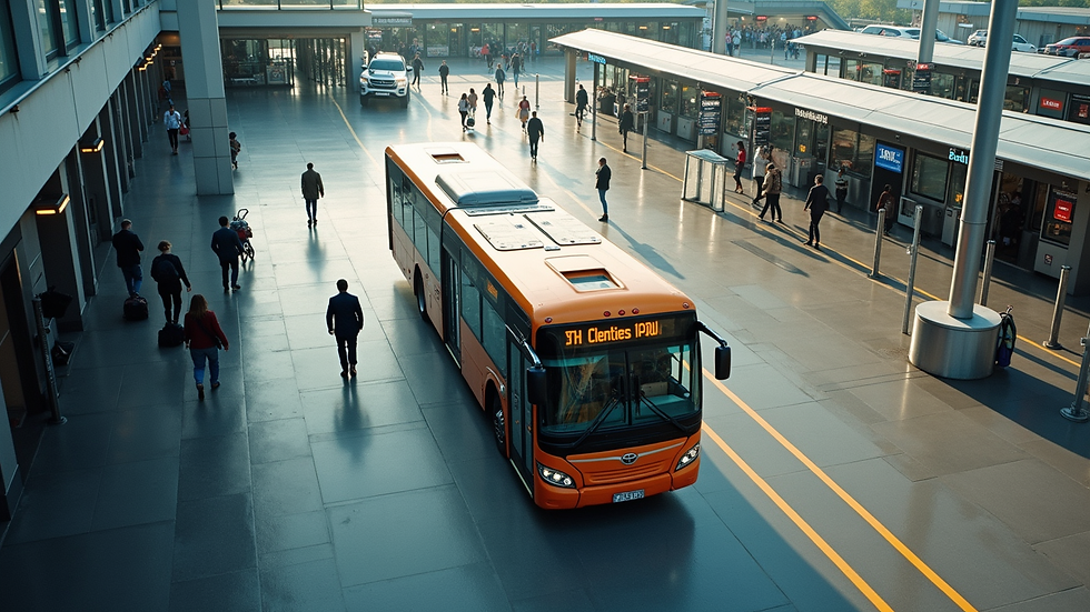 High angle view of a shuttle bus arriving at a busy terminal