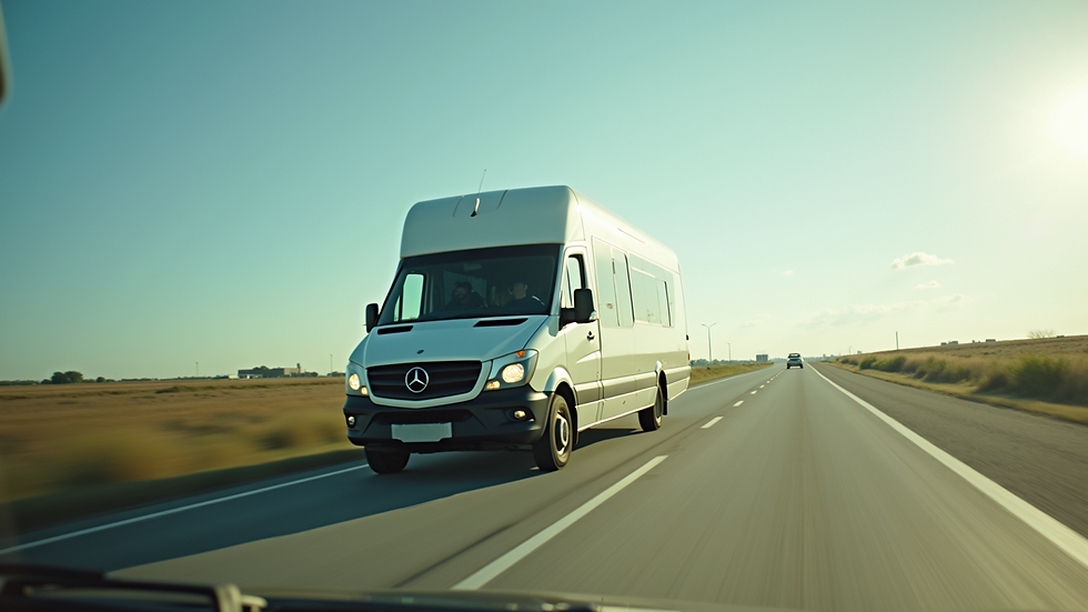 Eye-level view of a shuttle van driving on a highway towards Galveston