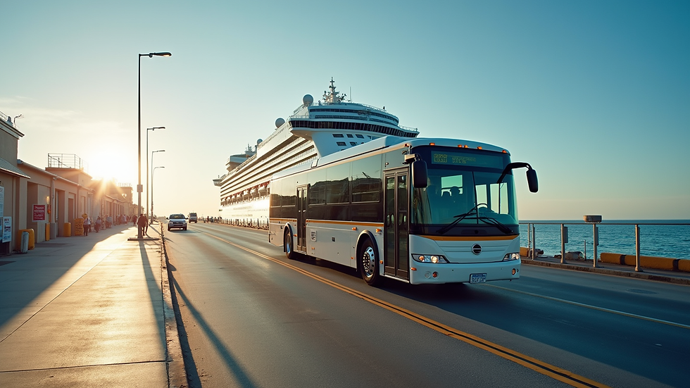 Wide angle view of a shuttle bus arriving at a cruise terminal