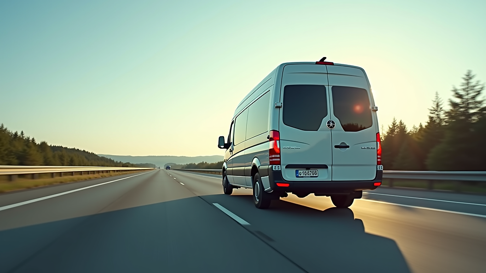 Wide angle view of a shuttle van driving on a highway
