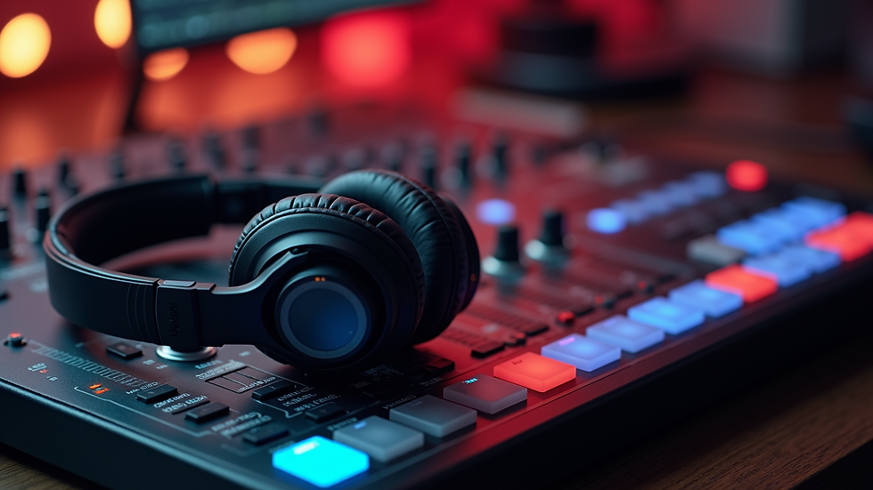 High angle view of headphones resting on a mixing desk