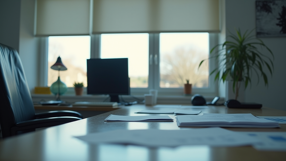 Vue en plongée d’un bureau avec un ordinateur et des documents de gestion