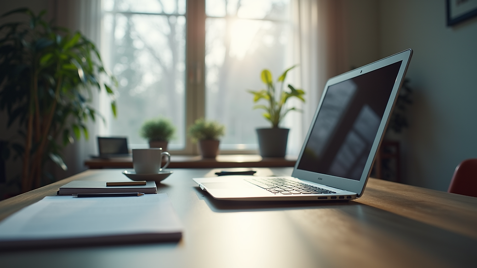 Vue rapprochée d’un bureau organisé avec un ordinateur portable et des documents