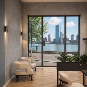 3D visualisatie van een hotel chique kantoorontwerp in Rotterdam met donker hout, bronzen verlichting, luxe stoffering, visgraatvloer en uitzicht op de skyline van Rotterdam.