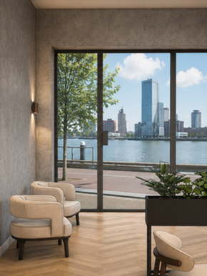3D visualisatie van een hotel chique kantoorontwerp in Rotterdam met donker hout, bronzen verlichting, luxe stoffering, visgraatvloer en uitzicht op de skyline van Rotterdam.