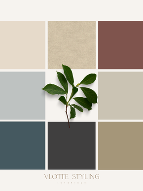 VLOT Kleurplan voor een zolder in Rijnsburg met drie ruimtes: een overloop met warme roze-bruine kast en linnen behang, een kinderslaapkamer met blauwtinten en een logeerkamer met olijfgroen. Warme, natuurlijke kleuren zorgen voor rust en harmonie.