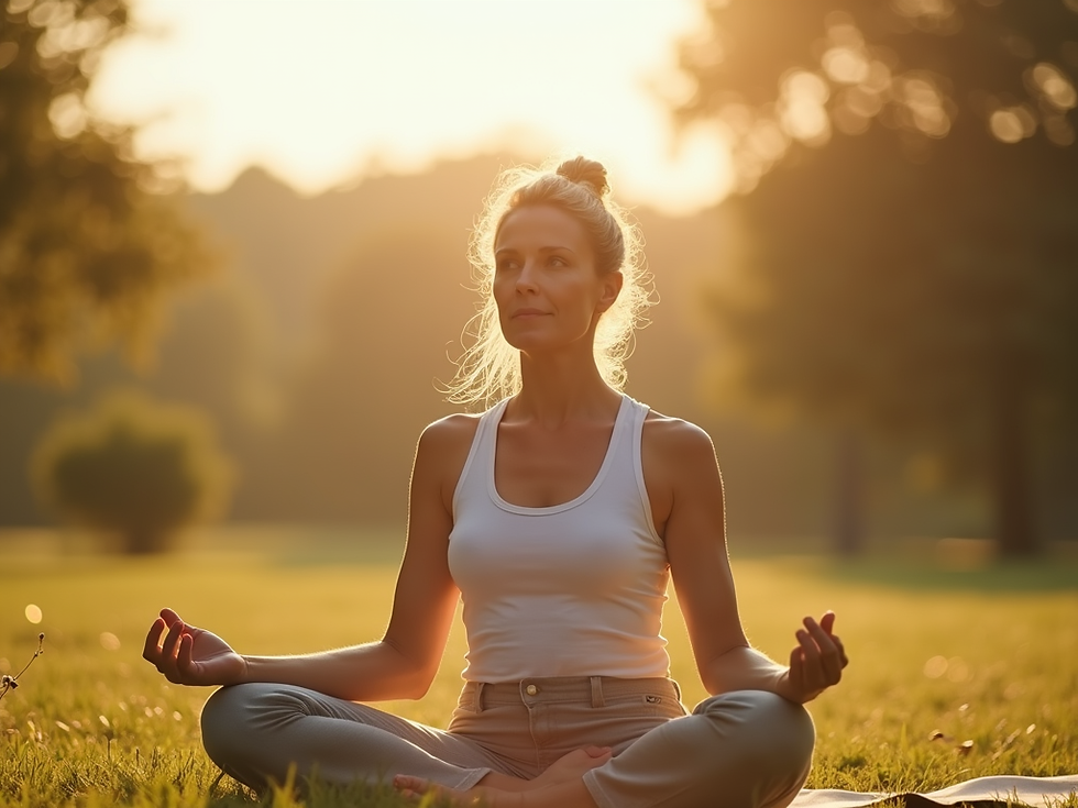 A woman in a seated yoga pose during golden hour in a park