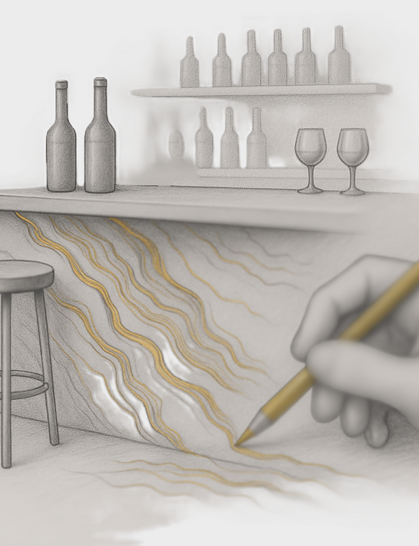 Illustration of custom resin bar front design in gold and white