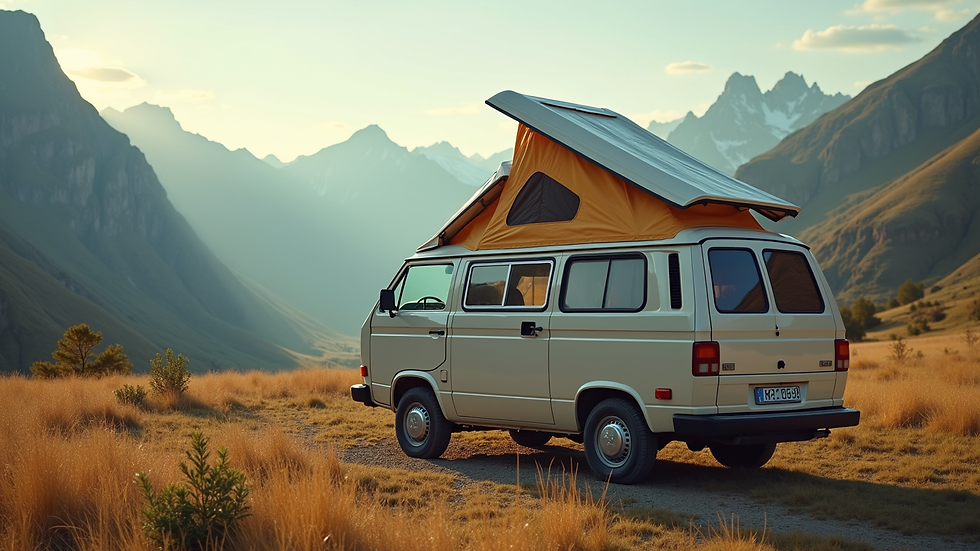 Wide angle view of a cozy camper van parked in a scenic location