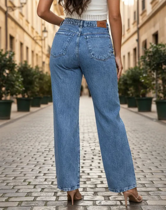 Miniatura: Wide Leg Jeans High Waist 100% Marbled Cotton 