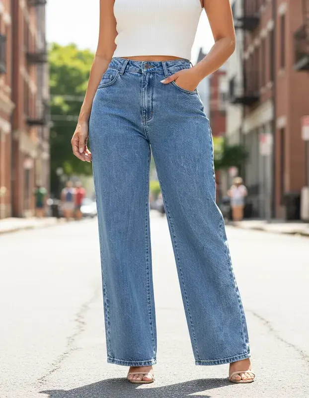 Miniatura: Wide Leg Jeans High Waist 100% Marbled Cotton 