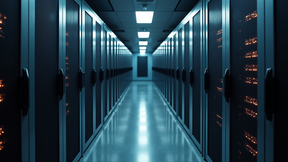 Eye-level view of a modern office server room with blinking lights