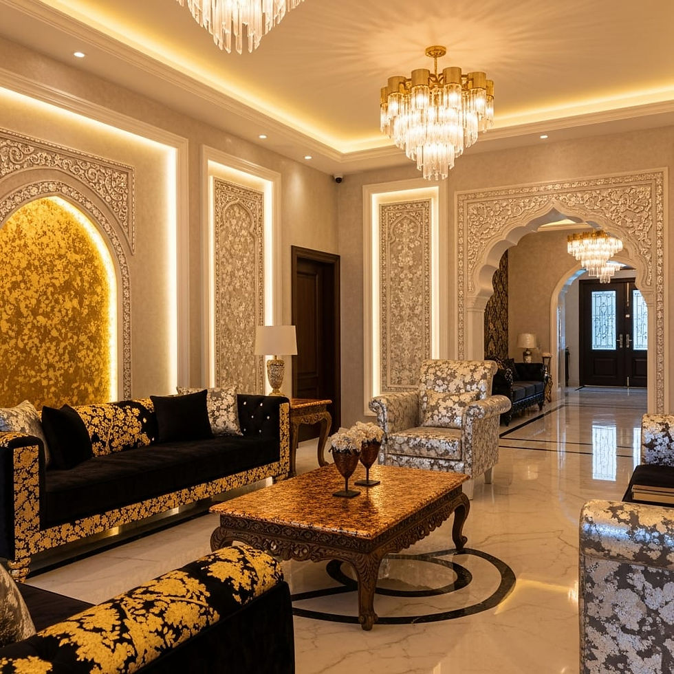 Gold leaf gilding on luxury interior ceiling India with real gold leaf finish by professional gilding artist Mumbai India for temple, hotel and high-end residential projects