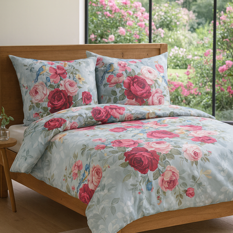 Die Satin-Bettwäsche Caja vereint künstlerische Rosendesigns mit luxuriösem Satin-Komfort.