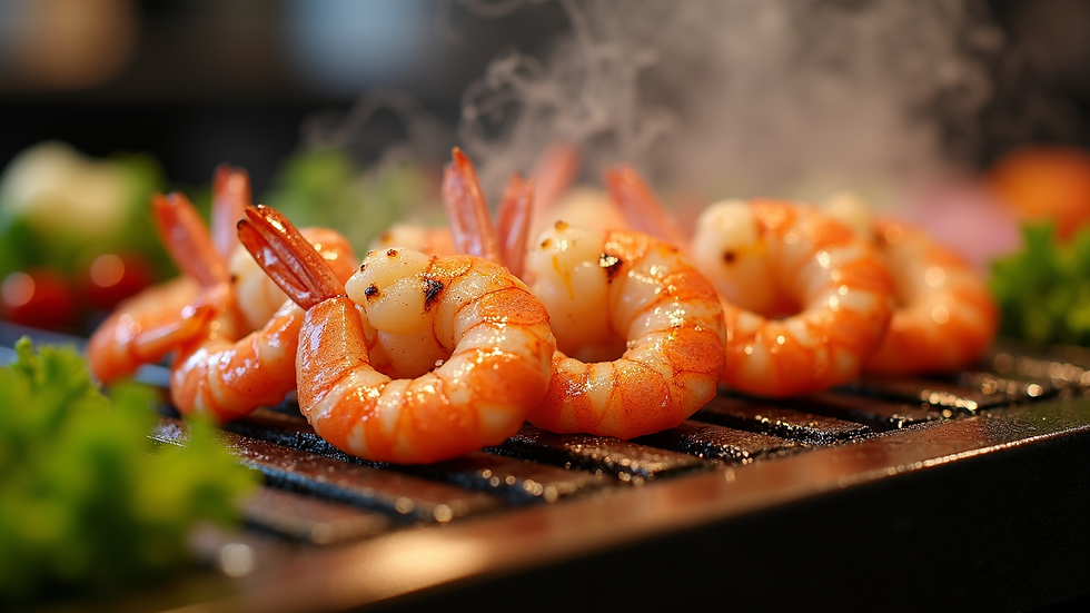 Close-up of sizzling shrimp and vegetables on a hibachi grill