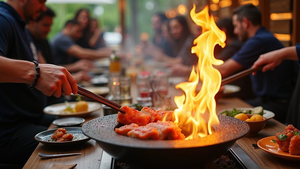 High-angle view of guests enjoying hibachi dining experience at an outdoor event